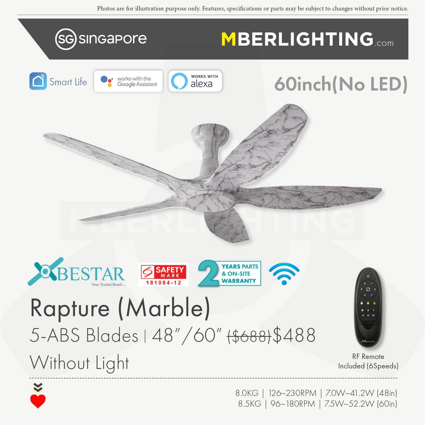 RAPTURE 5-Blades Drop Rod Ceiling Fan MARBLE