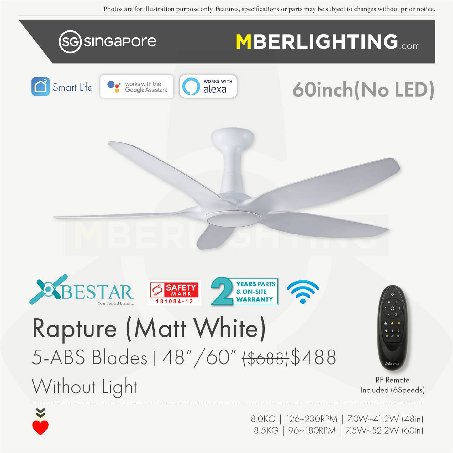 RAPTURE 5-Blades Drop Rod Ceiling Fan WHITE
