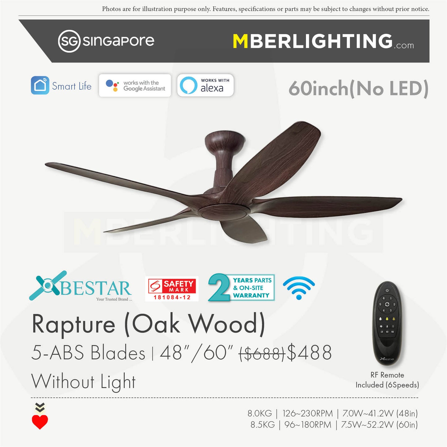 RAPTURE 5-Blades Drop Rod Ceiling Fan OAK WOOD
