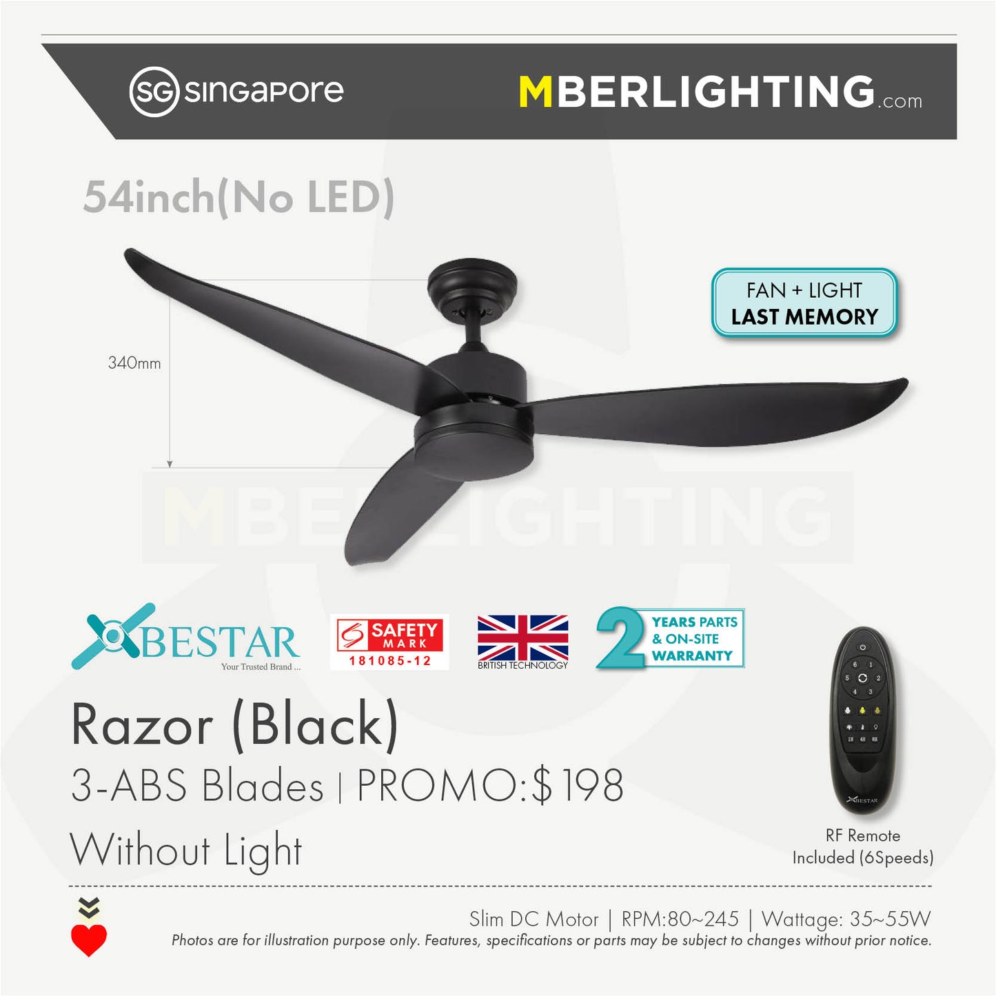RAZOR 3-Blades Drop Rod Ceiling Fan BLACK