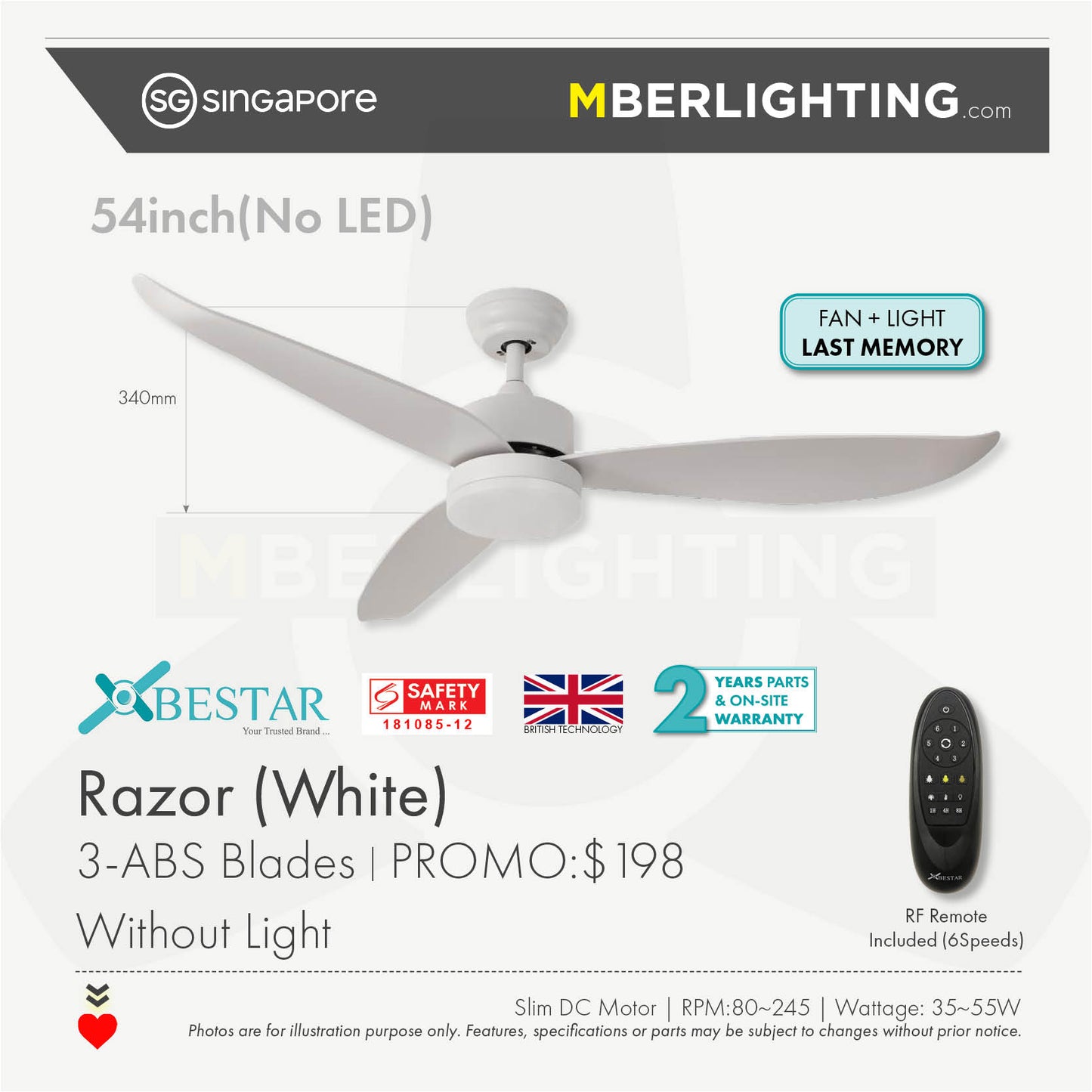 RAZOR 3-Blades Drop Rod Ceiling Fan WHITE