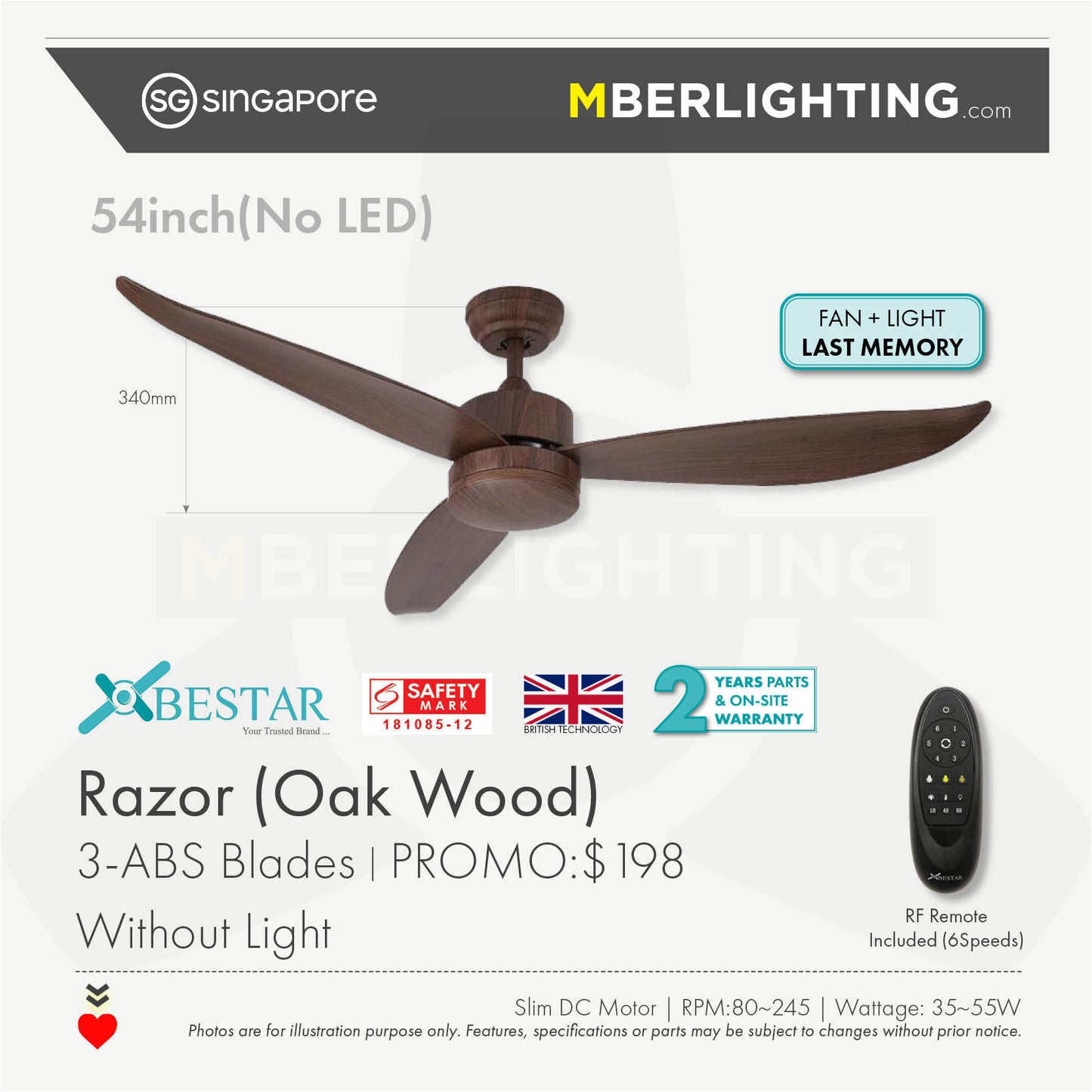 RAZOR 3-Blades Drop Rod Ceiling Fan OAK WOOD