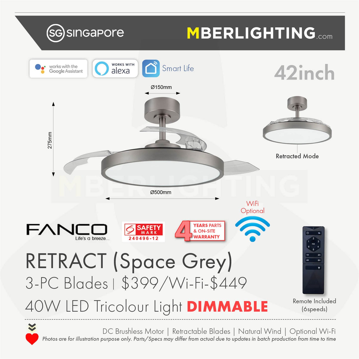 RETRACT 3-Blades Drop Rod Ceiling Fan SPACE GREY