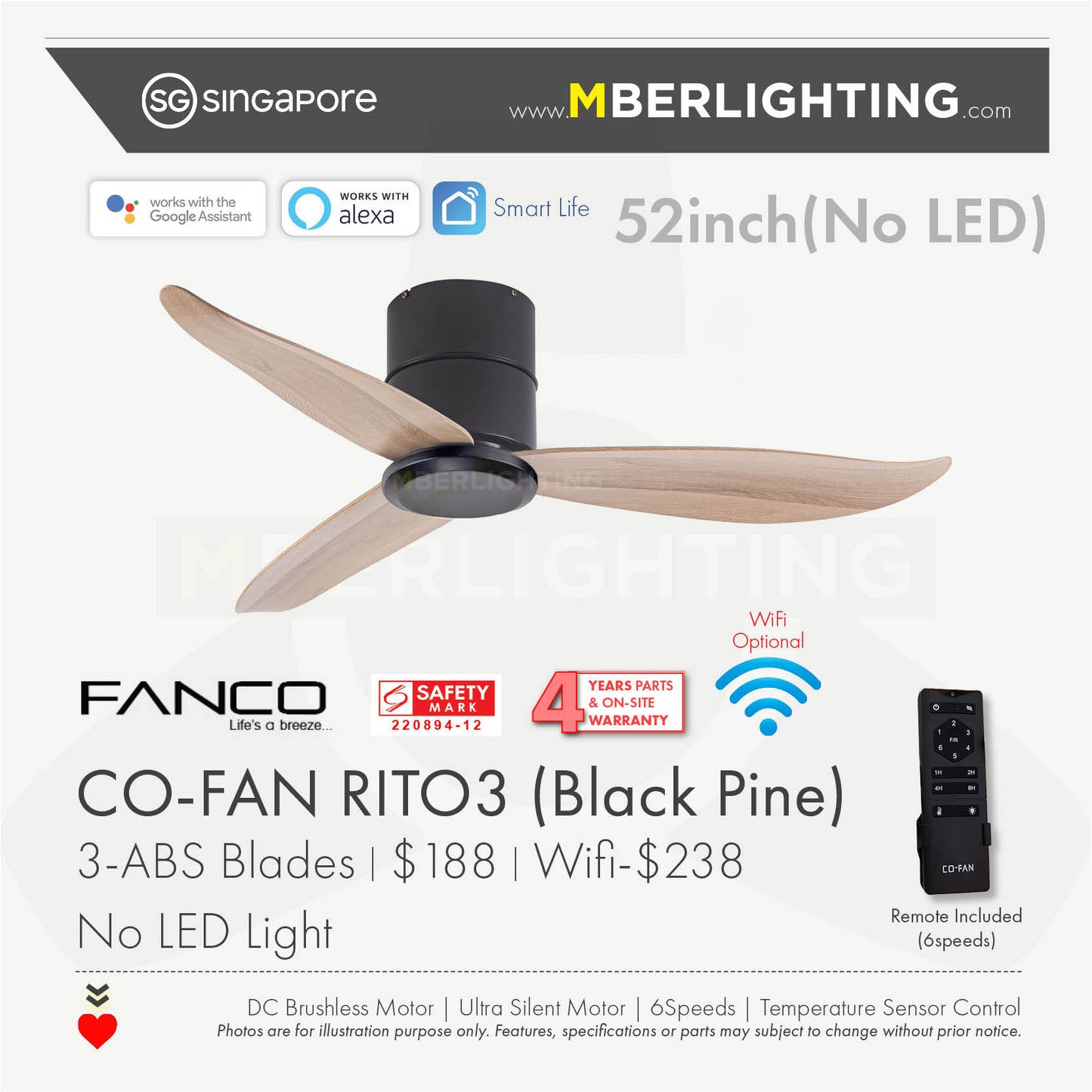 RITO3 3-Blades Hugger Ceiling Fan BLACK PINE