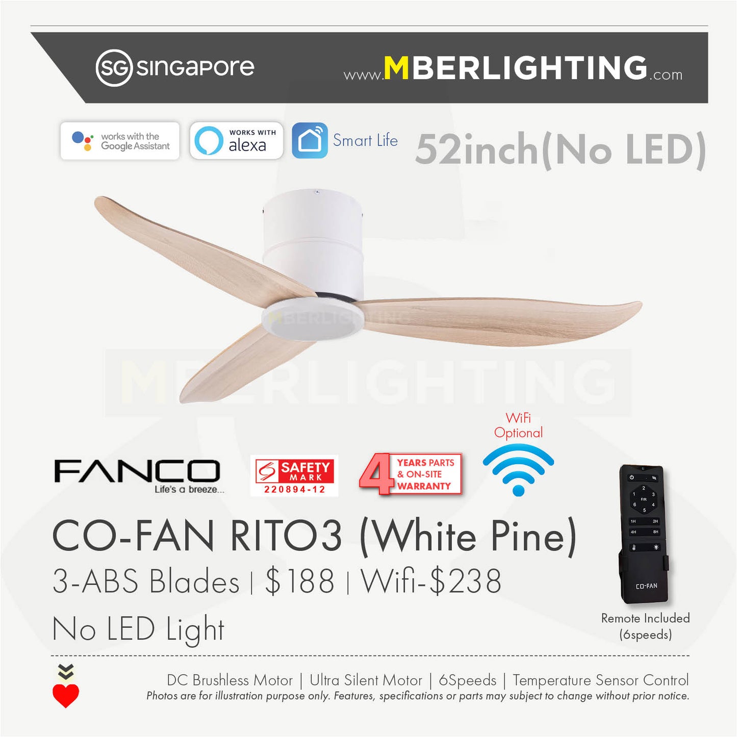 RITO3 3-Blades Hugger Ceiling Fan WHITE PINE