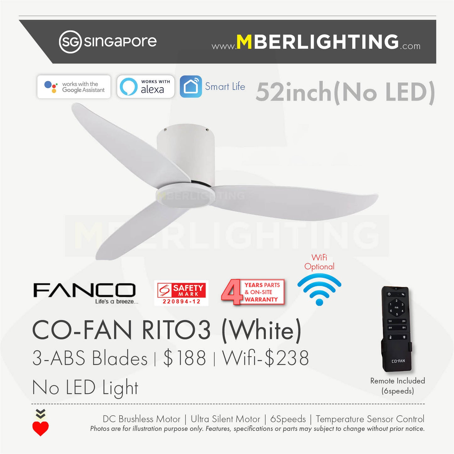RITO3 3-Blades Hugger Ceiling Fan WHITE