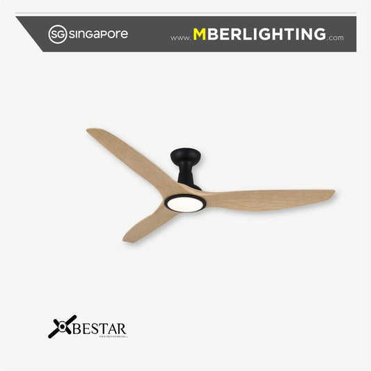 Bestar SLEEK 3 blade ceiling fan with LED light in black hugger body with pine wood tone fan blades