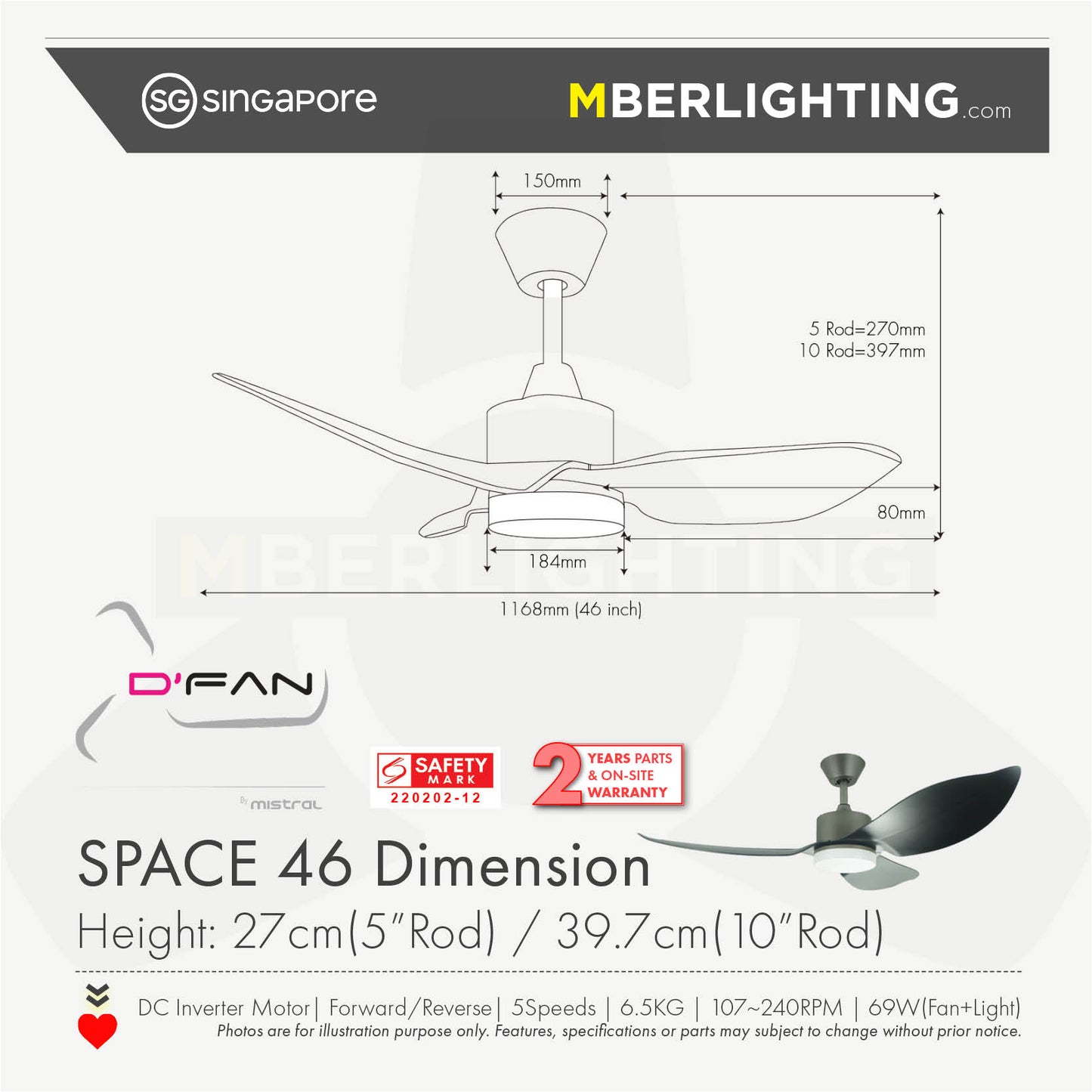 SPACE 3-Blades Drop Rod Ceiling Fan DARK WOOD
