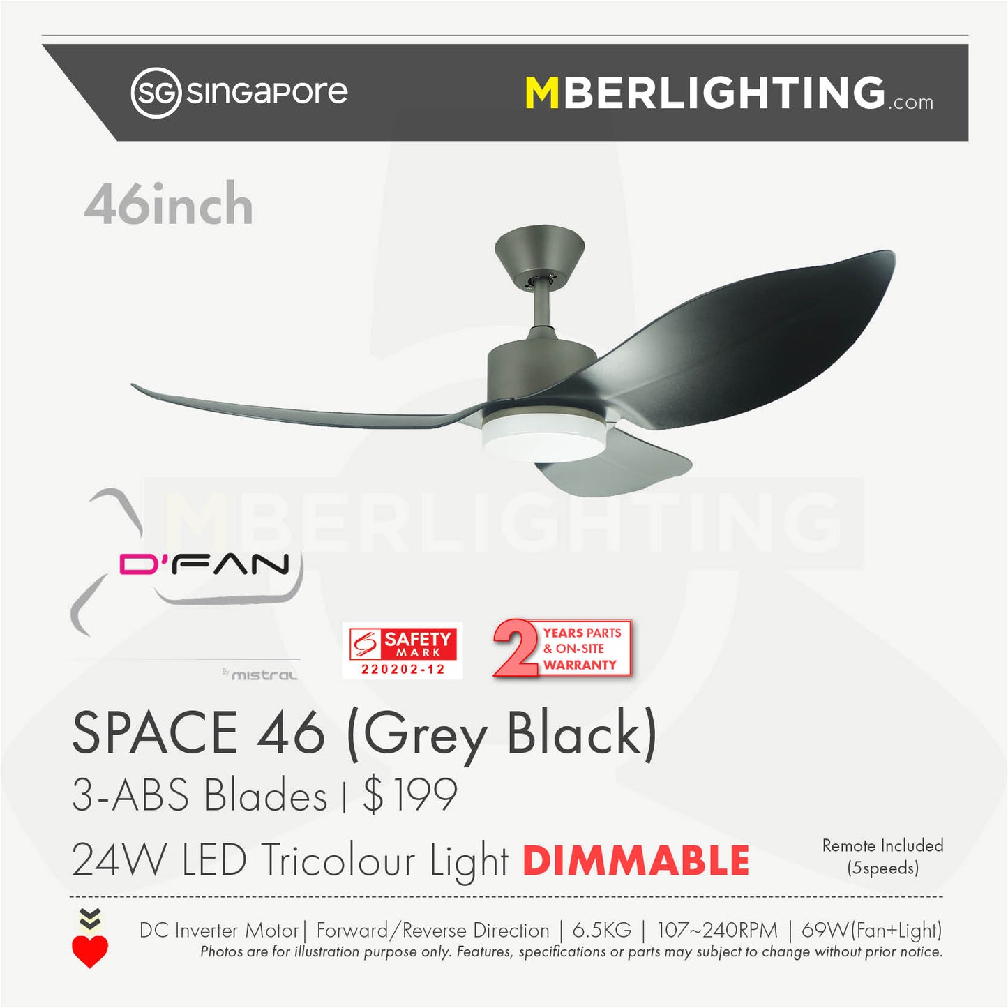 SPACE 3-Blades Drop Rod Ceiling Fan BLACK