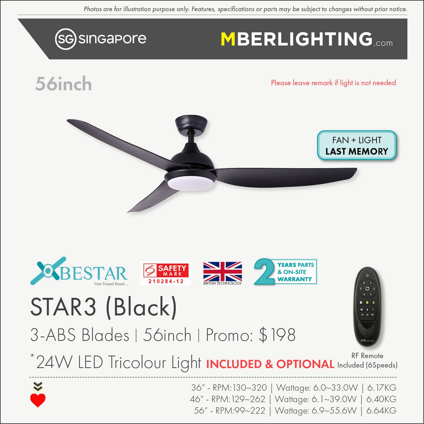 STAR3 3-Blades Drop Rod Ceiling Fan BLACK