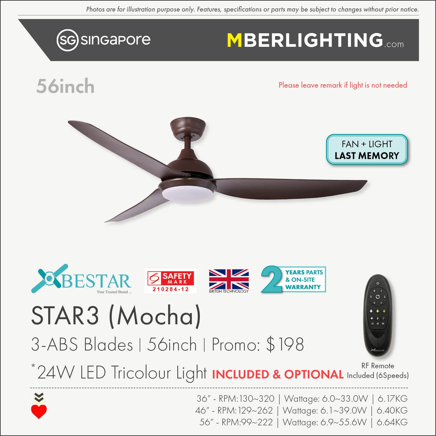 STAR3 3-Blades Drop Rod Ceiling Fan MOCHA