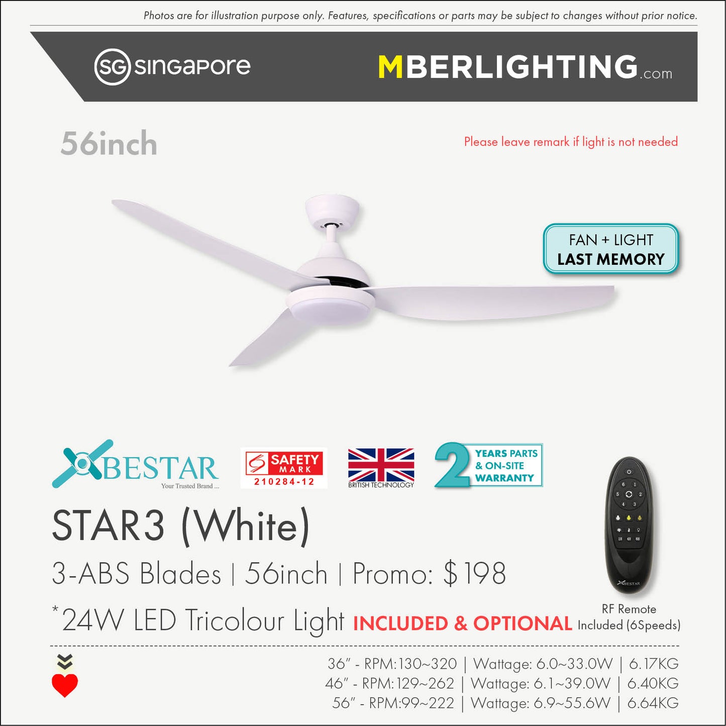 STAR3 3-Blades Drop Rod Ceiling Fan WHITE