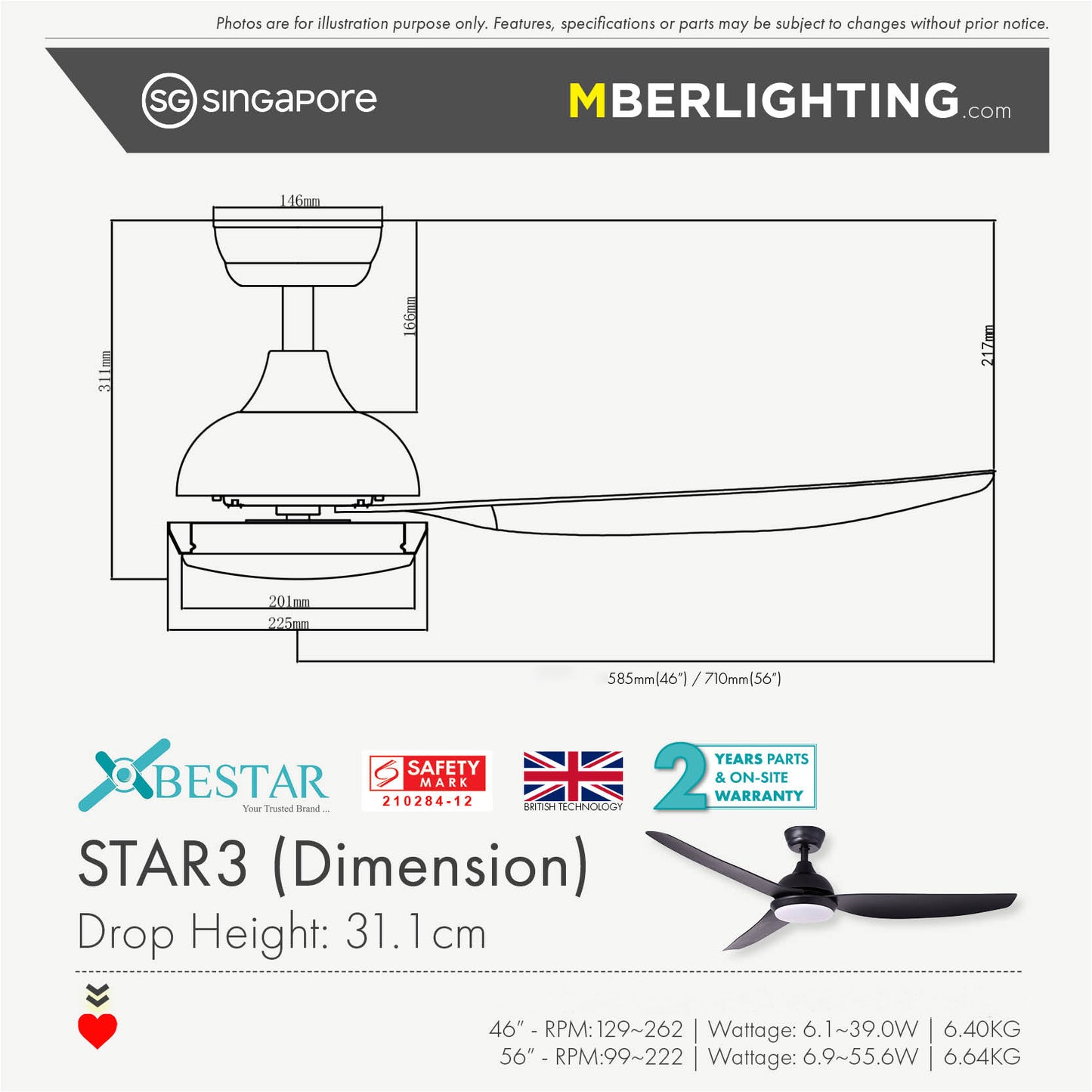 Bestar brand 3 blade drop rod ceiling fan dimension