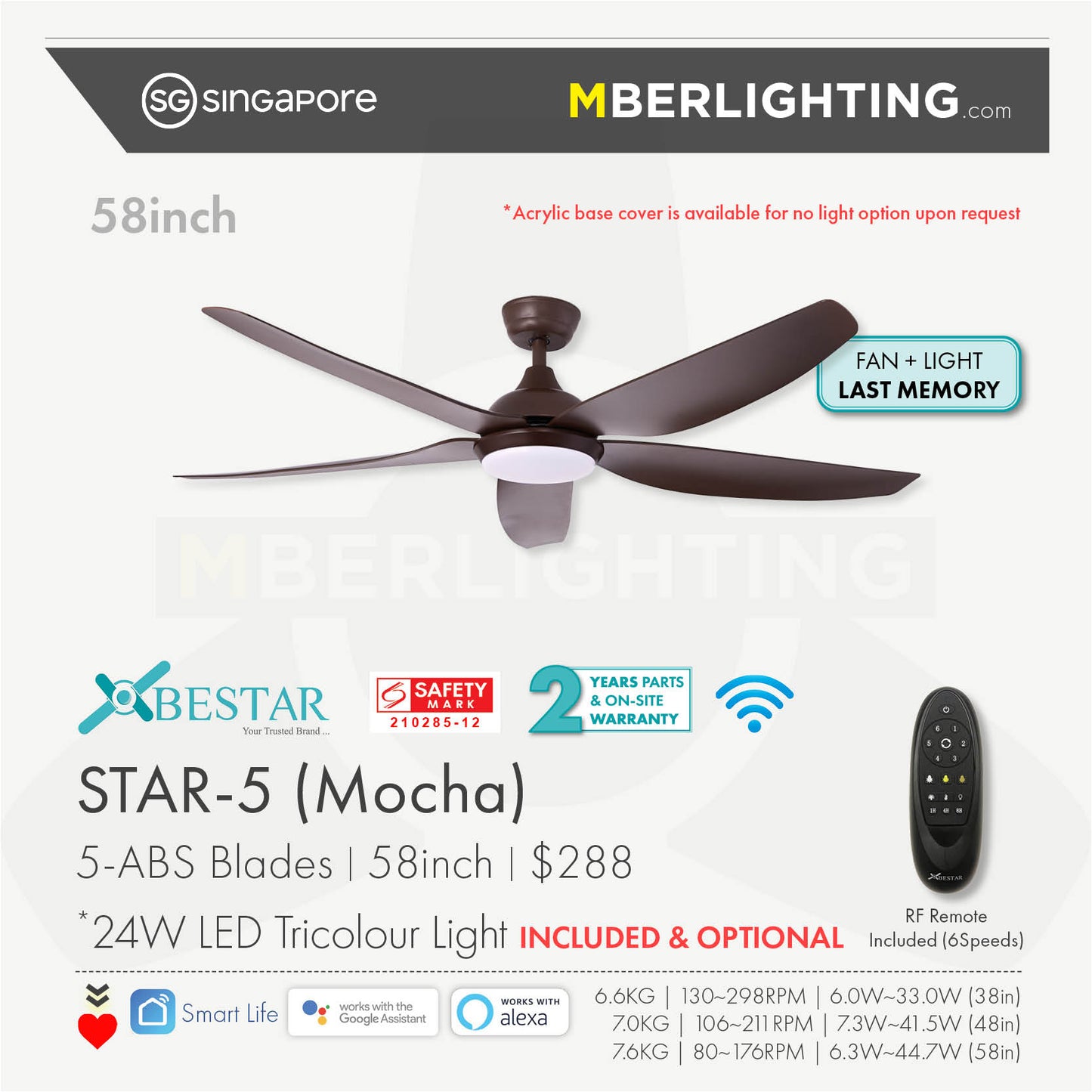 STAR5 5-Blades Drop Rod Ceiling Fan MOCHA