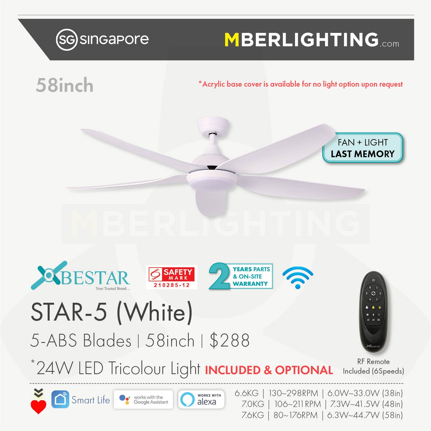 STAR5 5-Blades Drop Rod Ceiling Fan WHITE