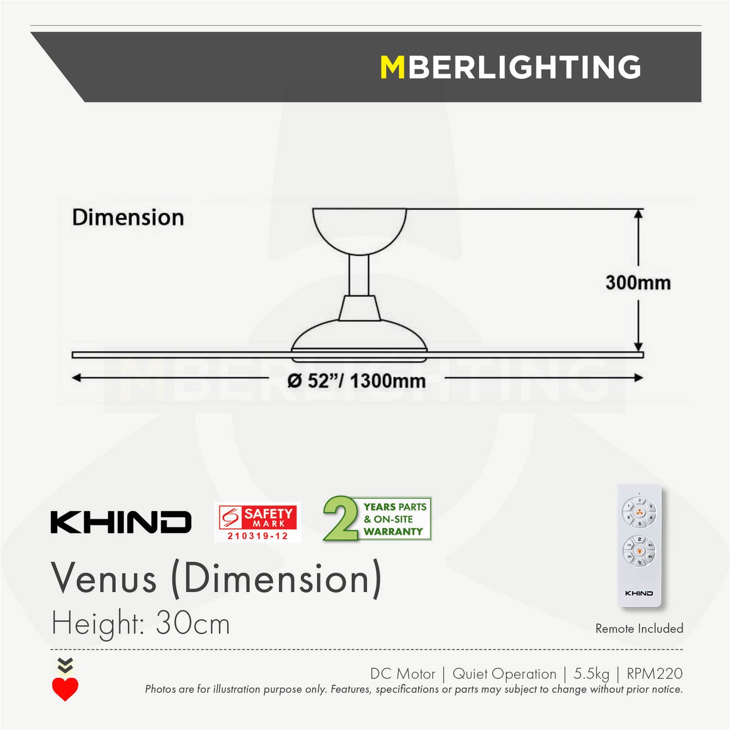 VENUS 3-Blades Drop Rod Ceiling Fan WOOD