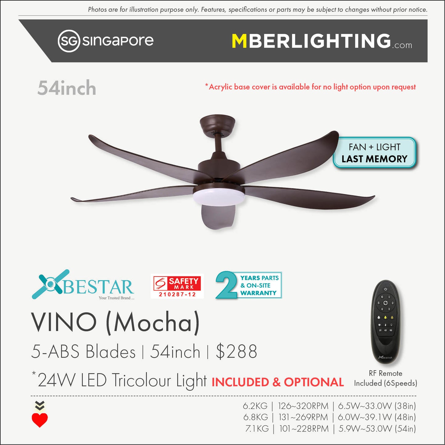 VINO 5-Blades Drop Rod Ceiling Fan MOCHA