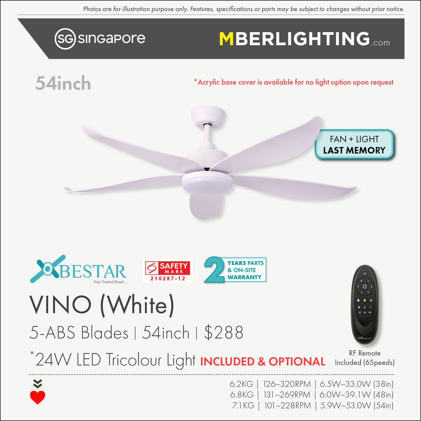 VINO 5-Blades Drop Rod Ceiling Fan WHITE