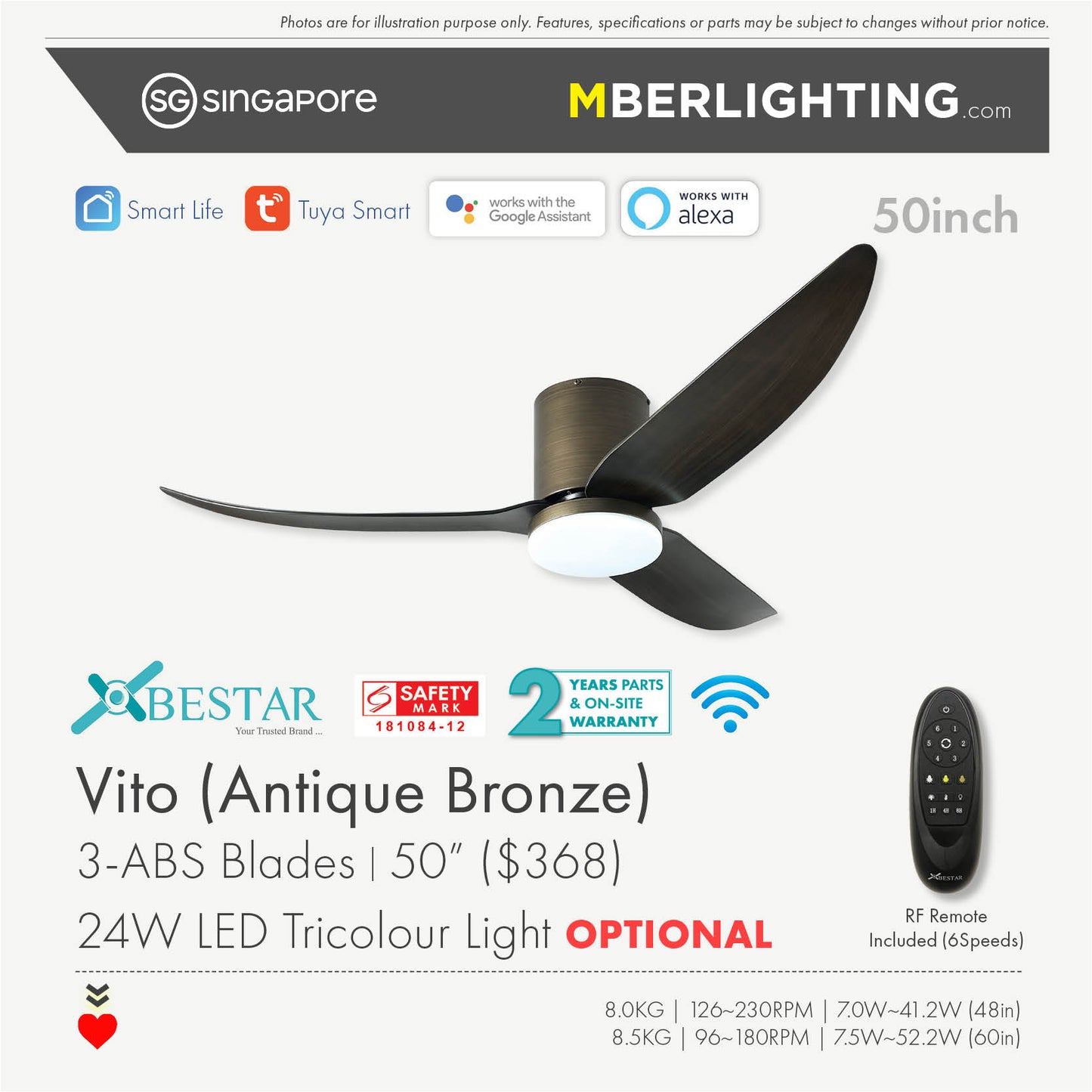 VITO3 3-Blades Hugger Ceiling Fan ANTIQUE BRONZE