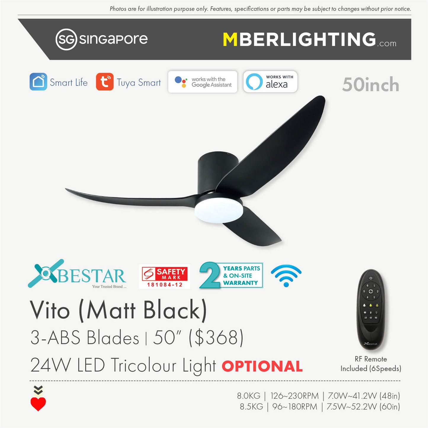 VITO3 3-Blades Hugger Ceiling Fan BLACK