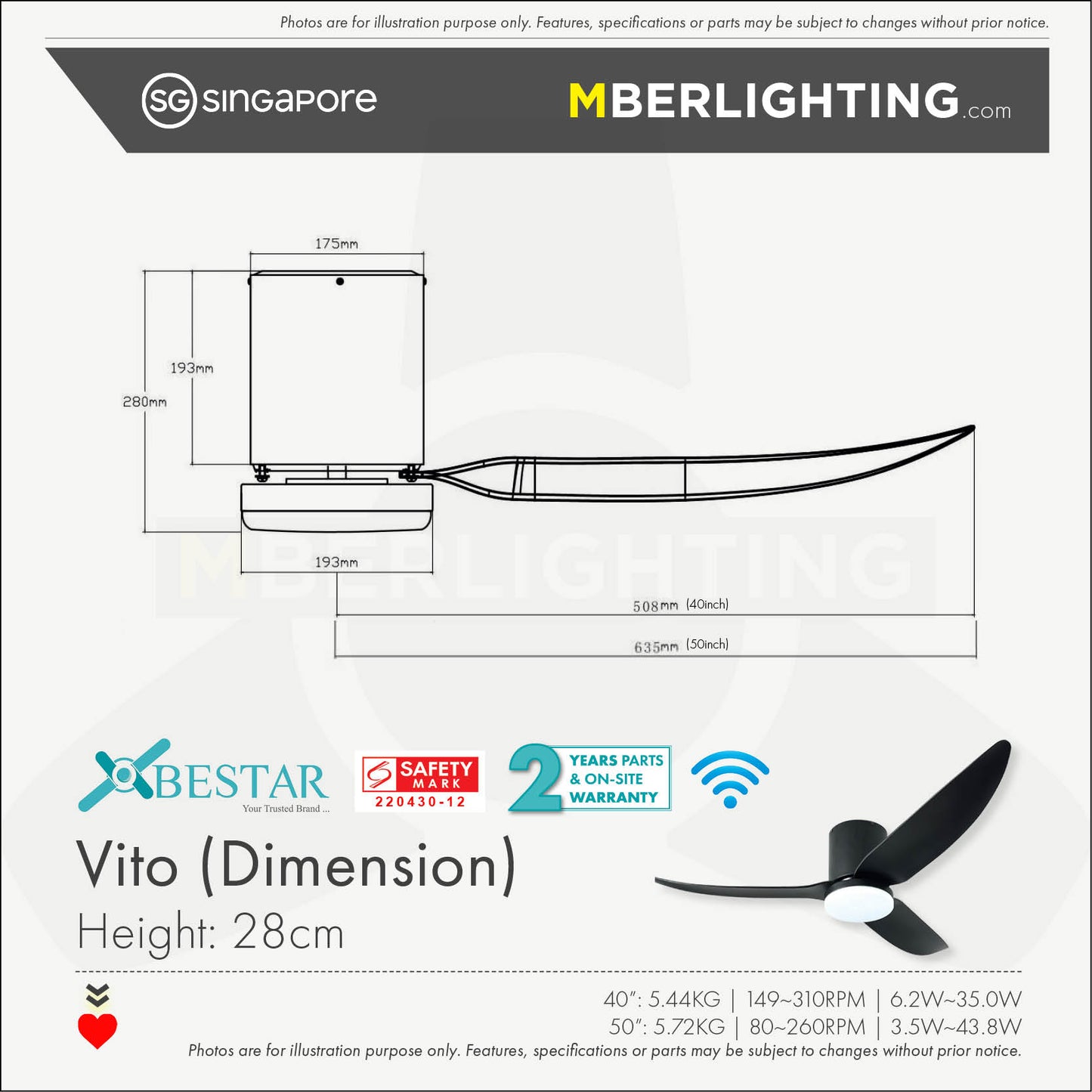 VITO3 3-Blades Hugger Ceiling Fan DARK WOOD