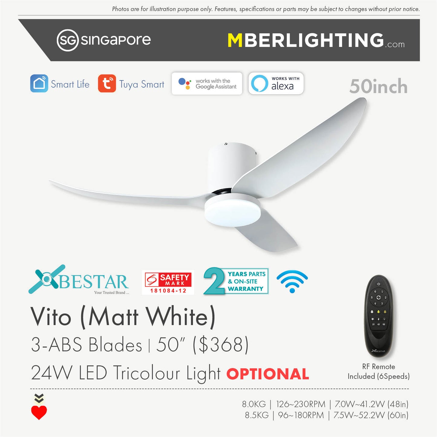 VITO3 3-Blades Hugger Ceiling Fan WHITE