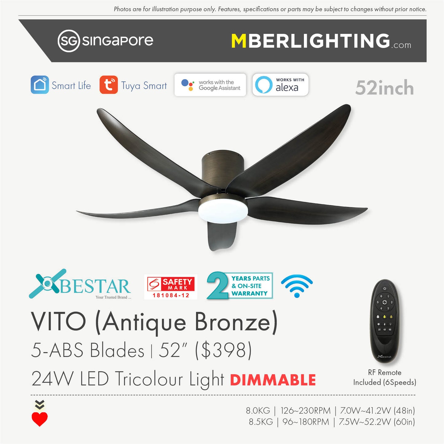 VITO5 5-Blades Hugger Ceiling Fan ANTIQUE BRONZE