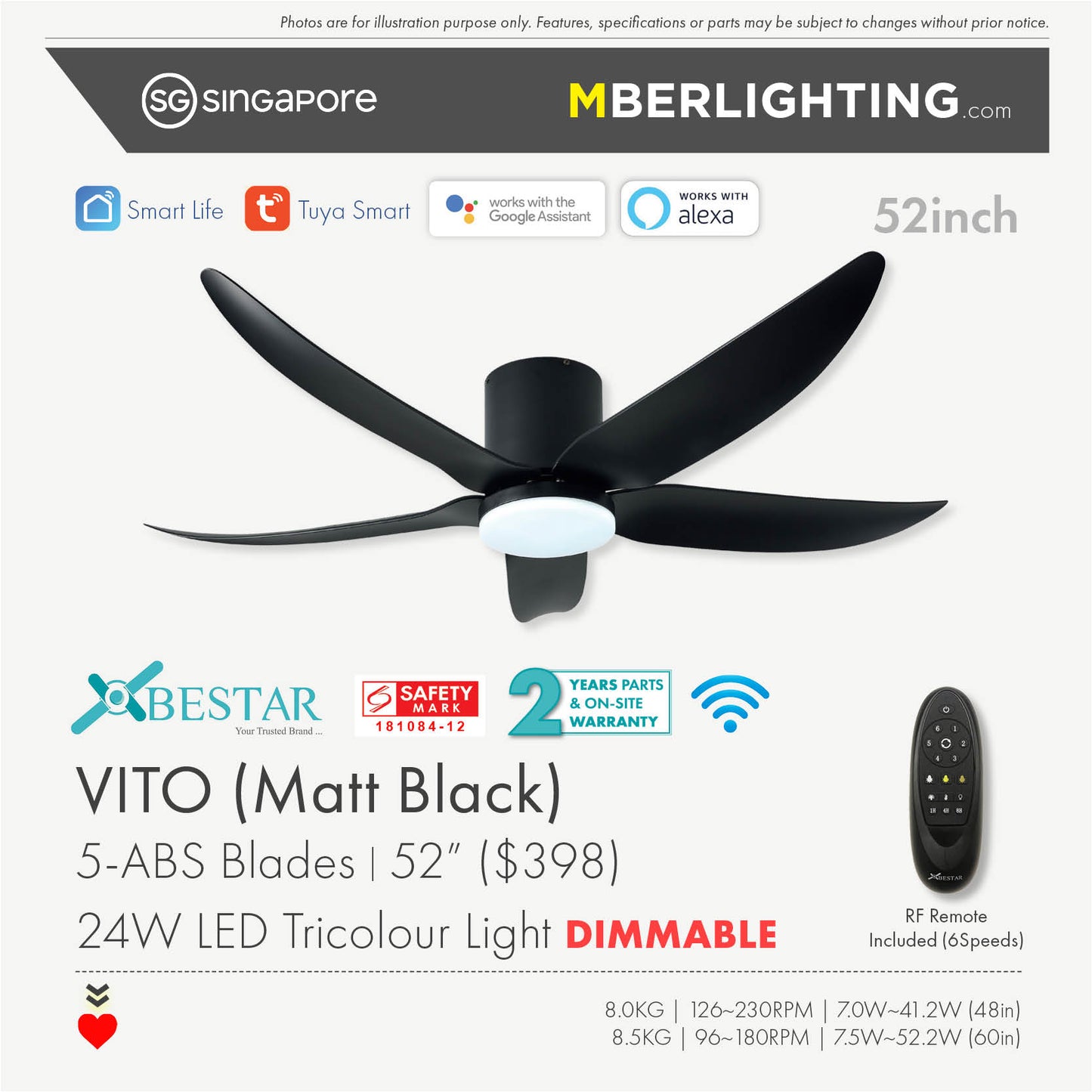 VITO5 5-Blades Hugger Ceiling Fan BLACK