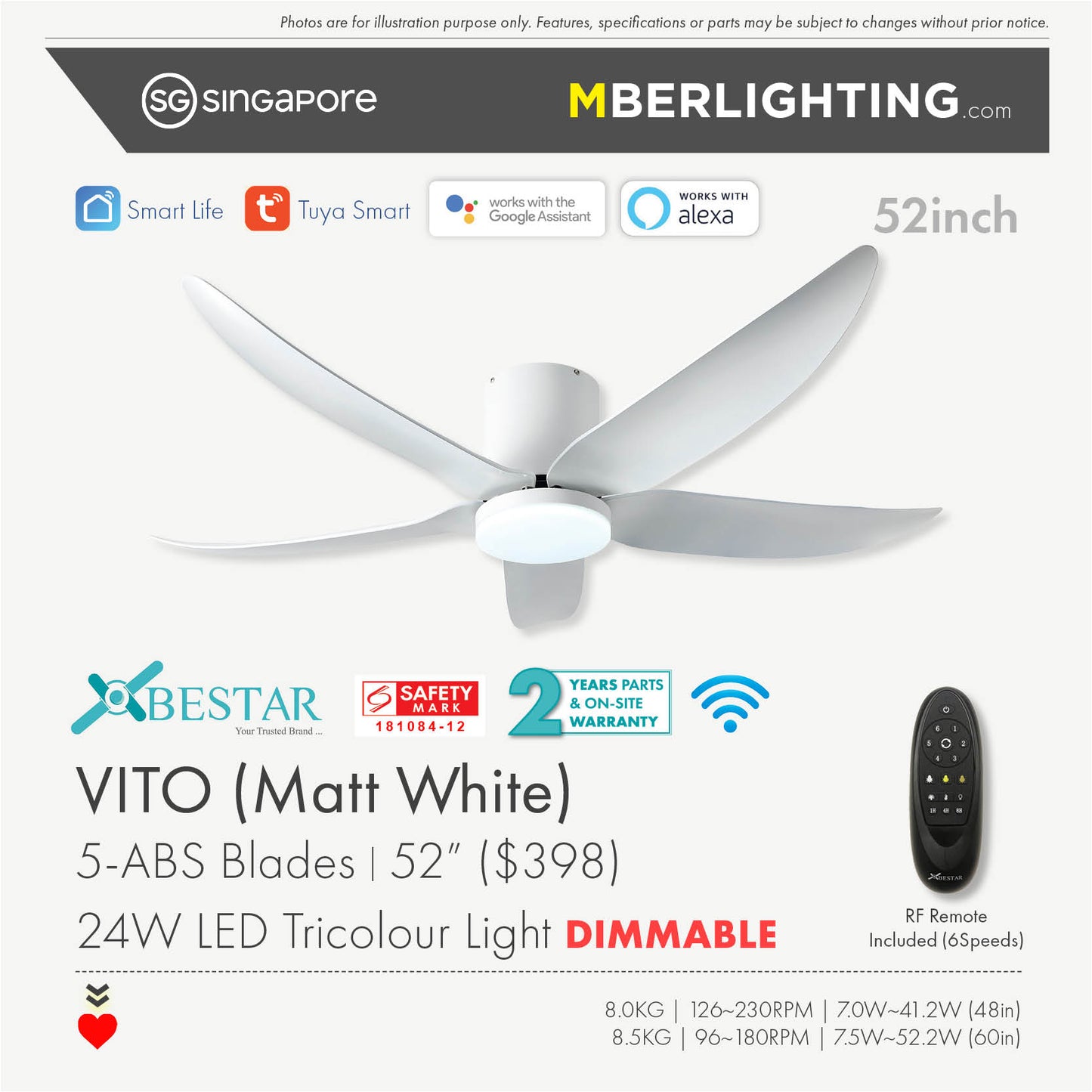 VITO5 5-Blades Hugger Ceiling Fan WHITE