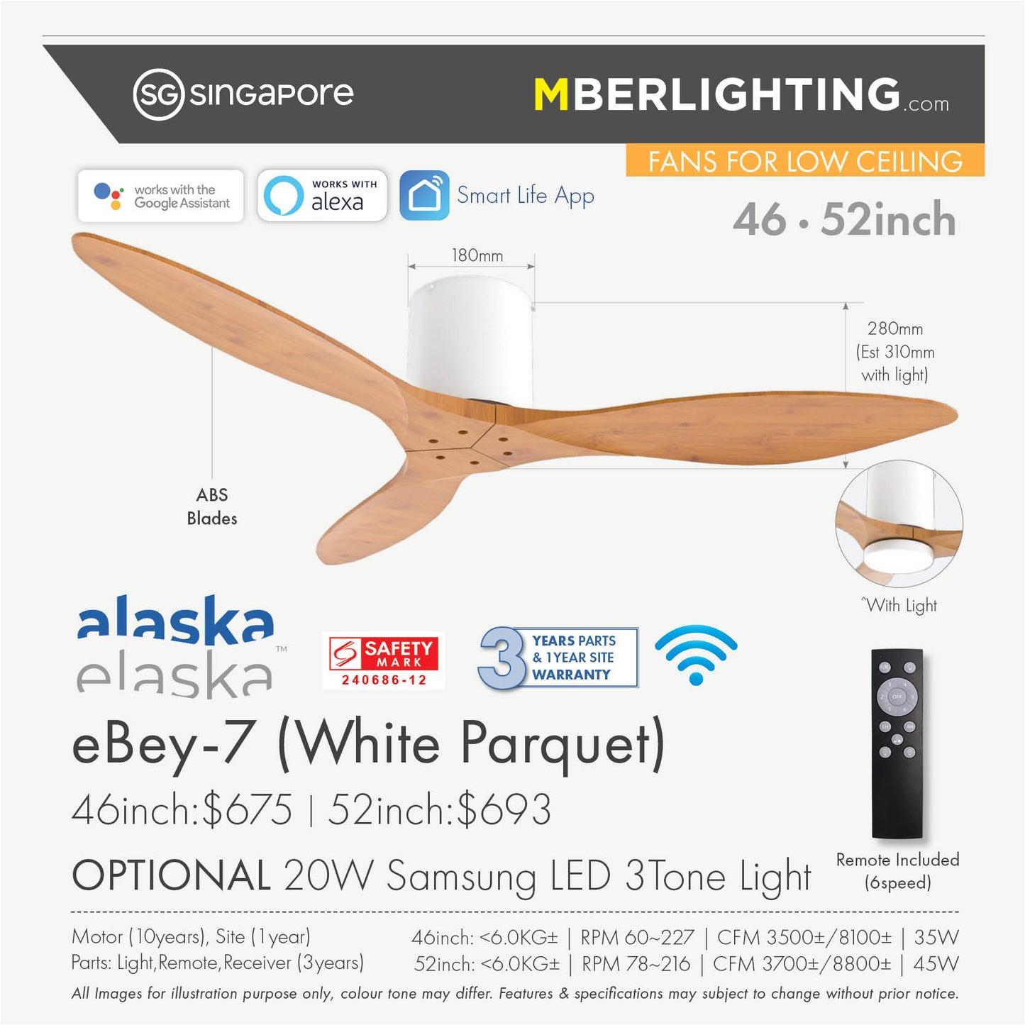 eBEY7 3-Blades Hugger Ceiling Fan PARQUET