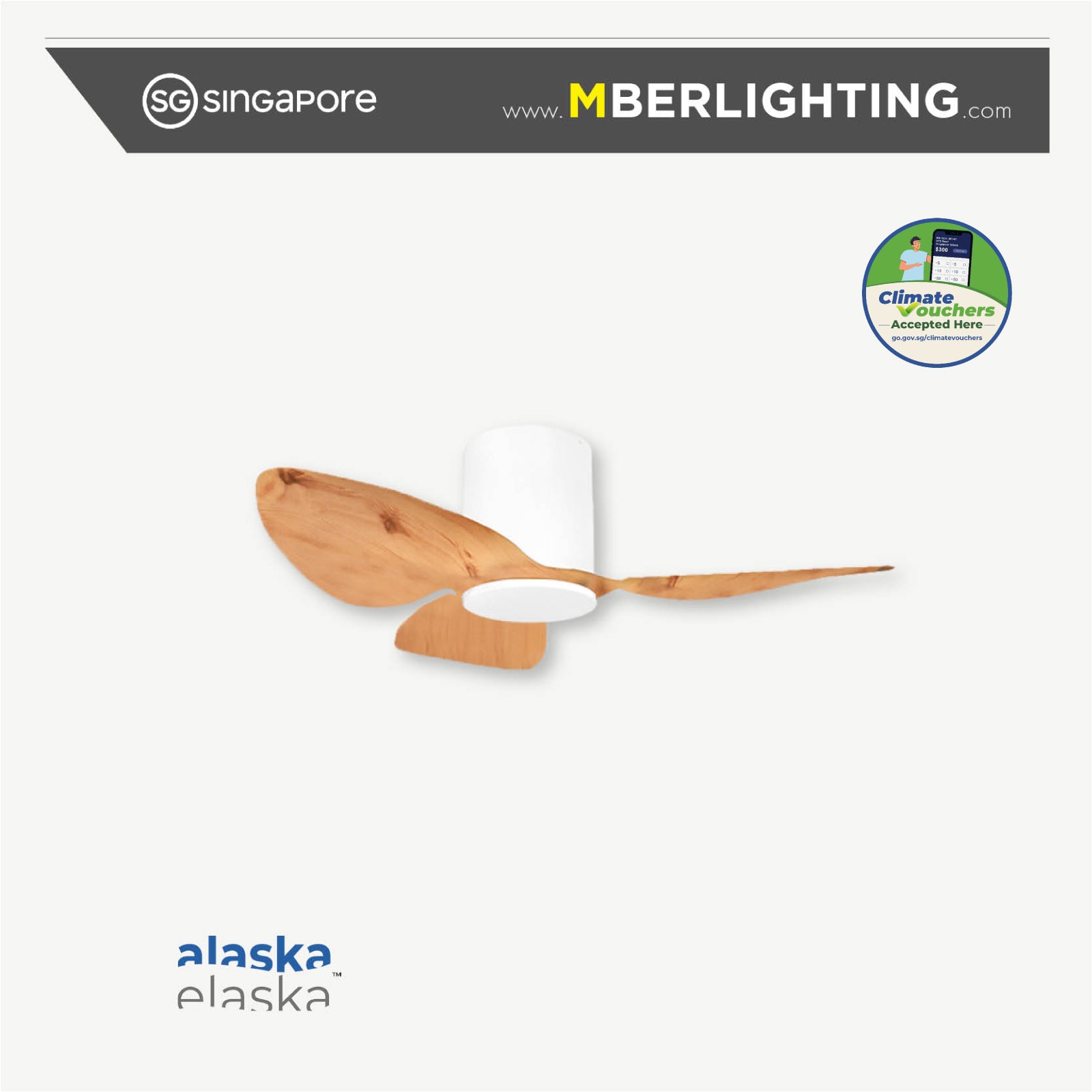 Aspen 3-blade 38" ceiling fan with light wood tone blades and white motor body without LED