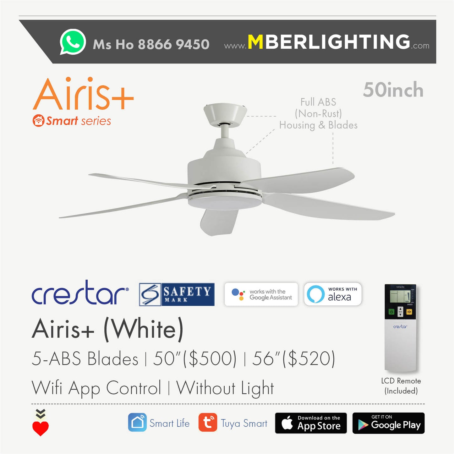 AIRIS+ 5-Blades Drop-Rod Ceiling Fan WHITE