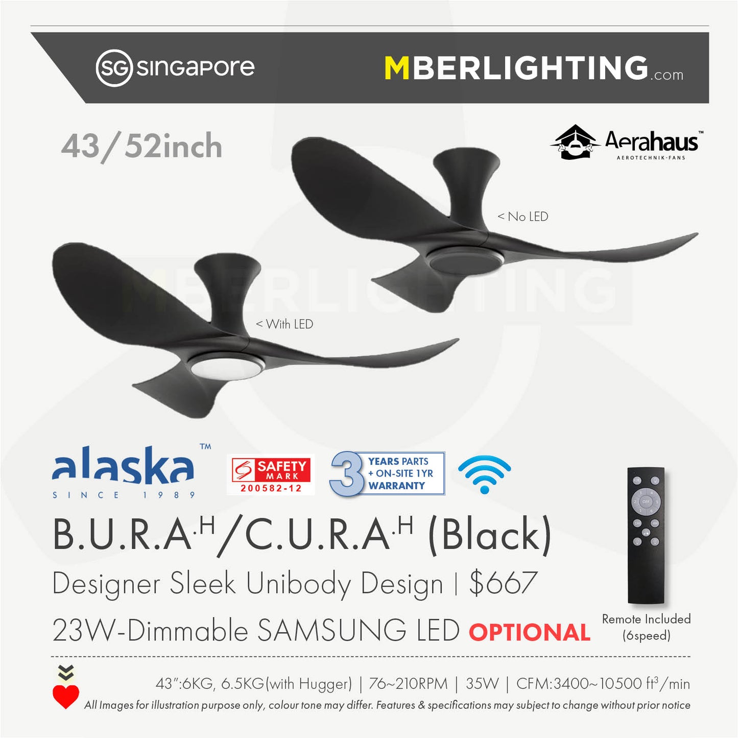 BuraH CuraH 3-Blades Hugger Ceiling Fan BLACK