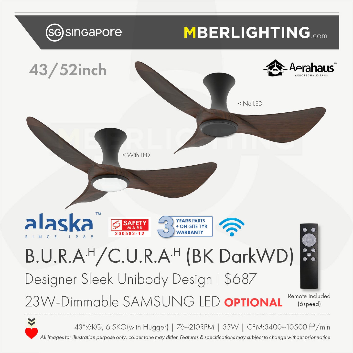 BuraH CuraH 3-Blades Hugger Ceiling Fan DARK WOOD