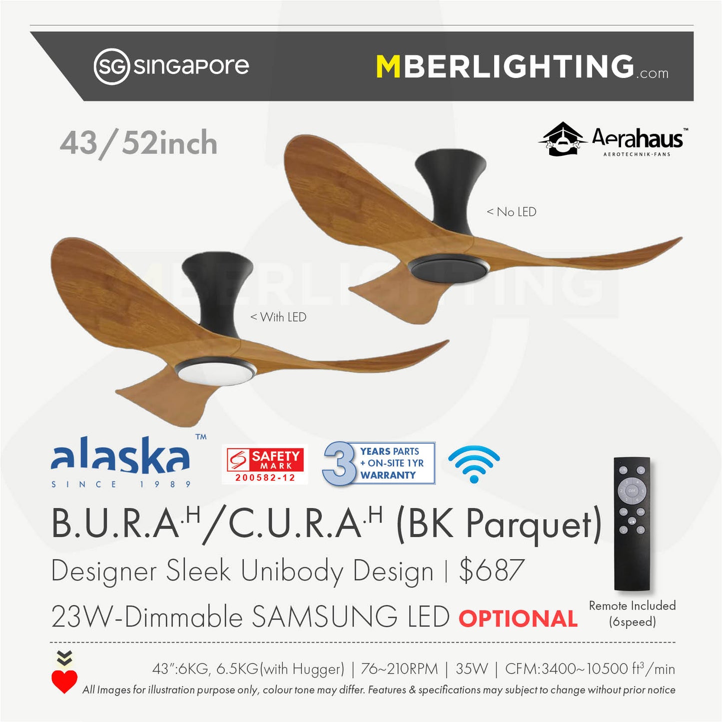 BuraH CuraH 3-Blades Hugger Ceiling Fan PARQUET