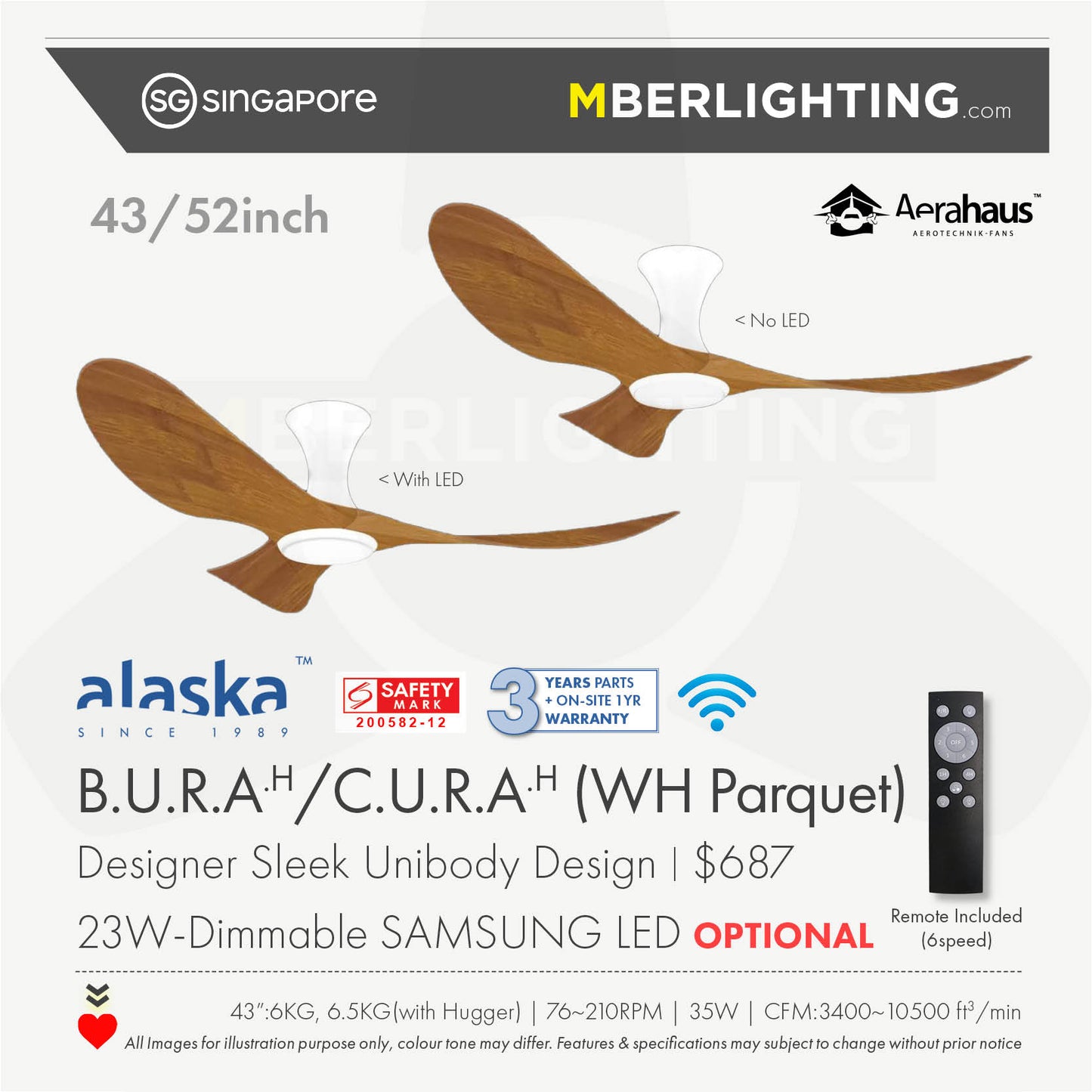 BuraH CuraH 3-Blades Hugger Ceiling Fan PARQUET