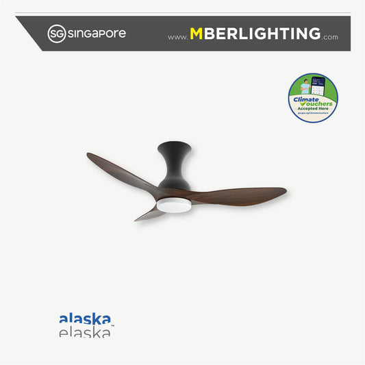 DRAFT 3-Blades Hugger Ceiling Fan in black body and Dark Wood blades with LED