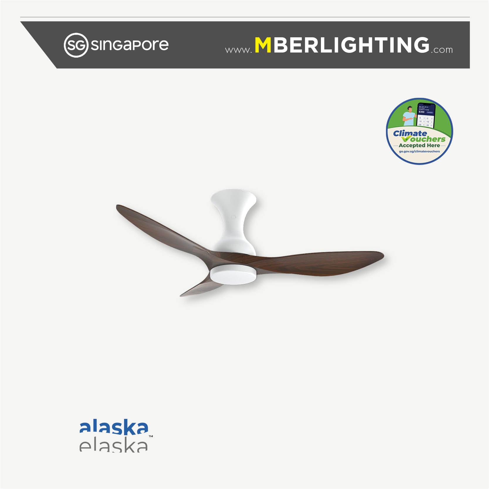 DRAFT 3-Blades Hugger Ceiling Fan in white body and Dark Wood blades with LED