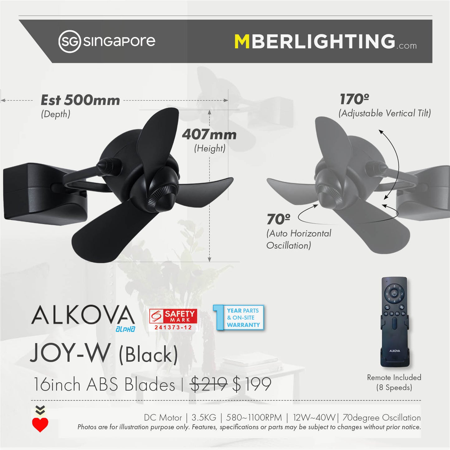 Alkova Joy-W black wall mount fan with product specifications