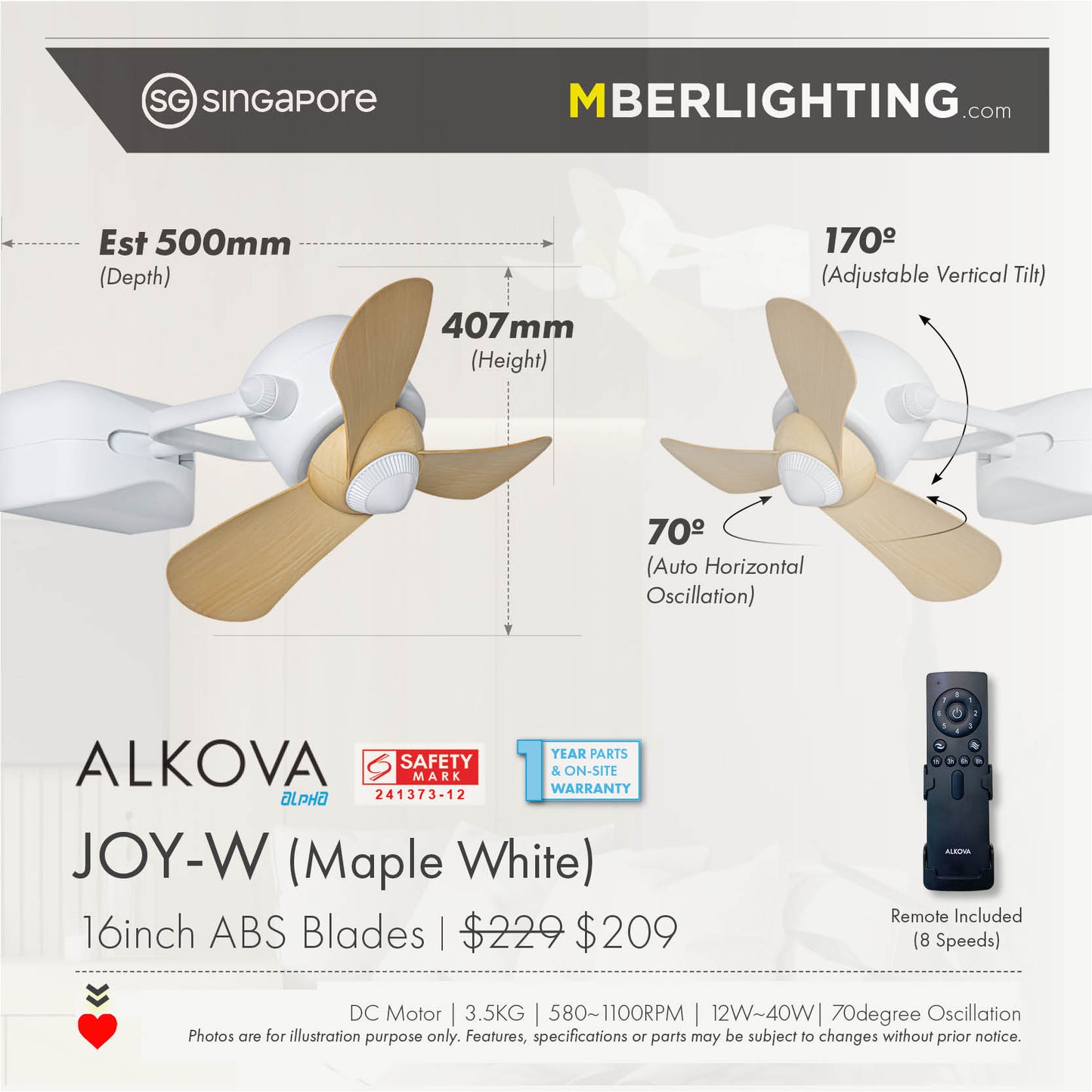 Alkova Joy-W maple blade wall mount fan with product specifications