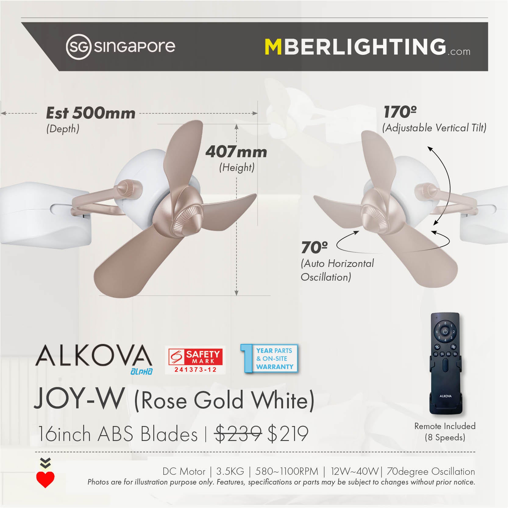 Alkova Joy-W rose gold blade wall mount fan with product specifications