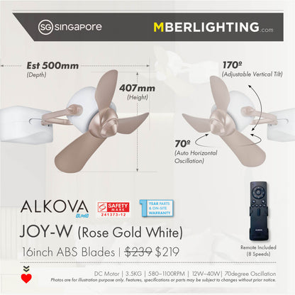 Alkova Joy-W rose gold blade wall mount fan with product specifications