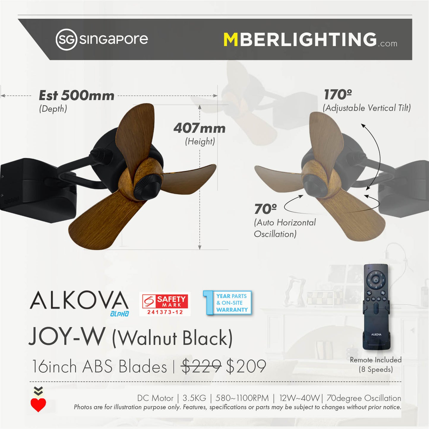 Alkova Joy-W walnut blade wall mount fan with product specifications