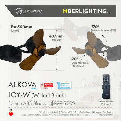 Alkova Joy-W walnut blade wall mount fan with product specifications