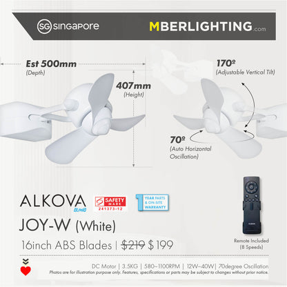 Alkova Joy-W full white wall mount fan with product specifications