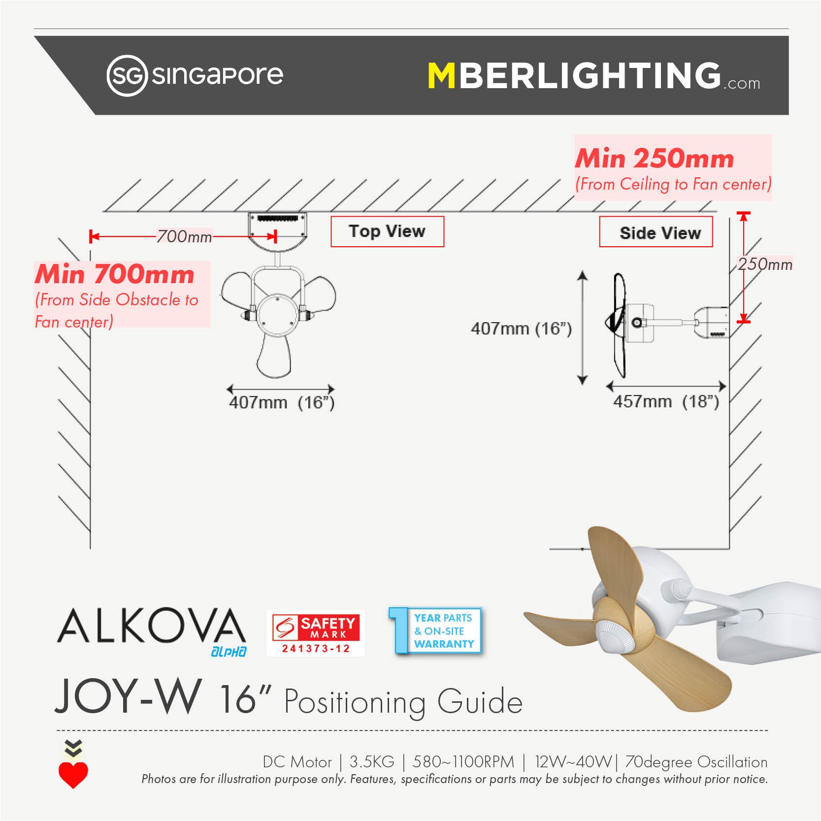 ALKOVA JOY-W 16"  Wall mount fan technical drawing guide showing positioning with dimensions and specifications.