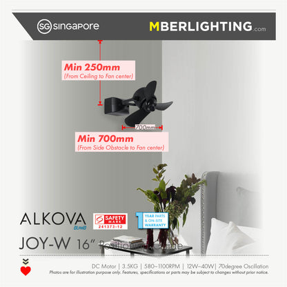 ALKOVA JOY-W 16"  Wall mount fan image guide showing positioning with dimensions and specifications.