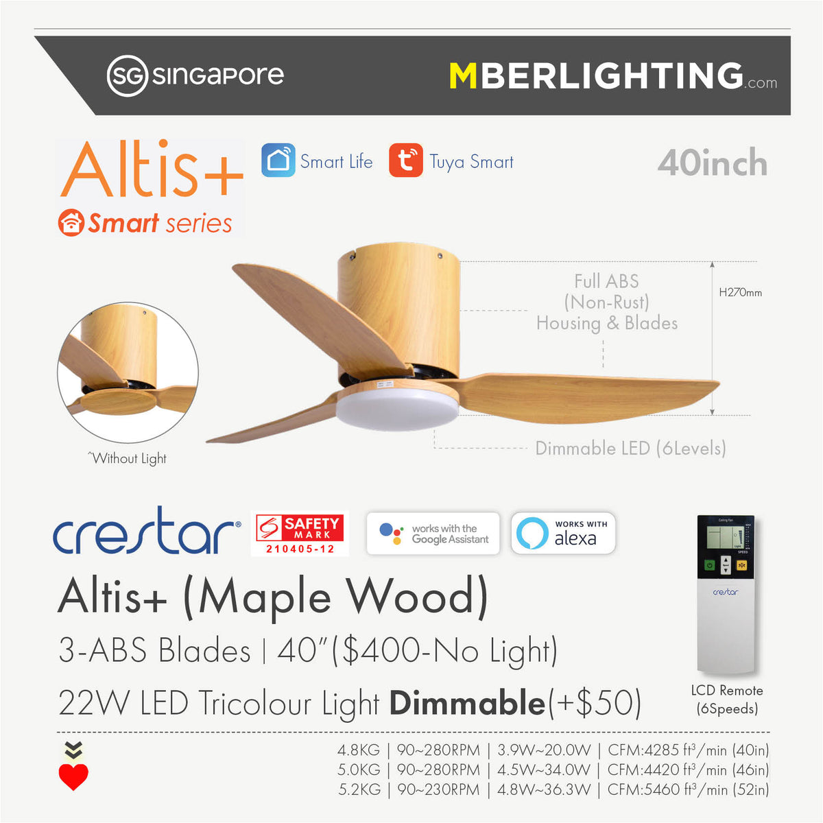 ALTIS+ 3-Blades Hugger Ceiling Fan MAPLE WOOD