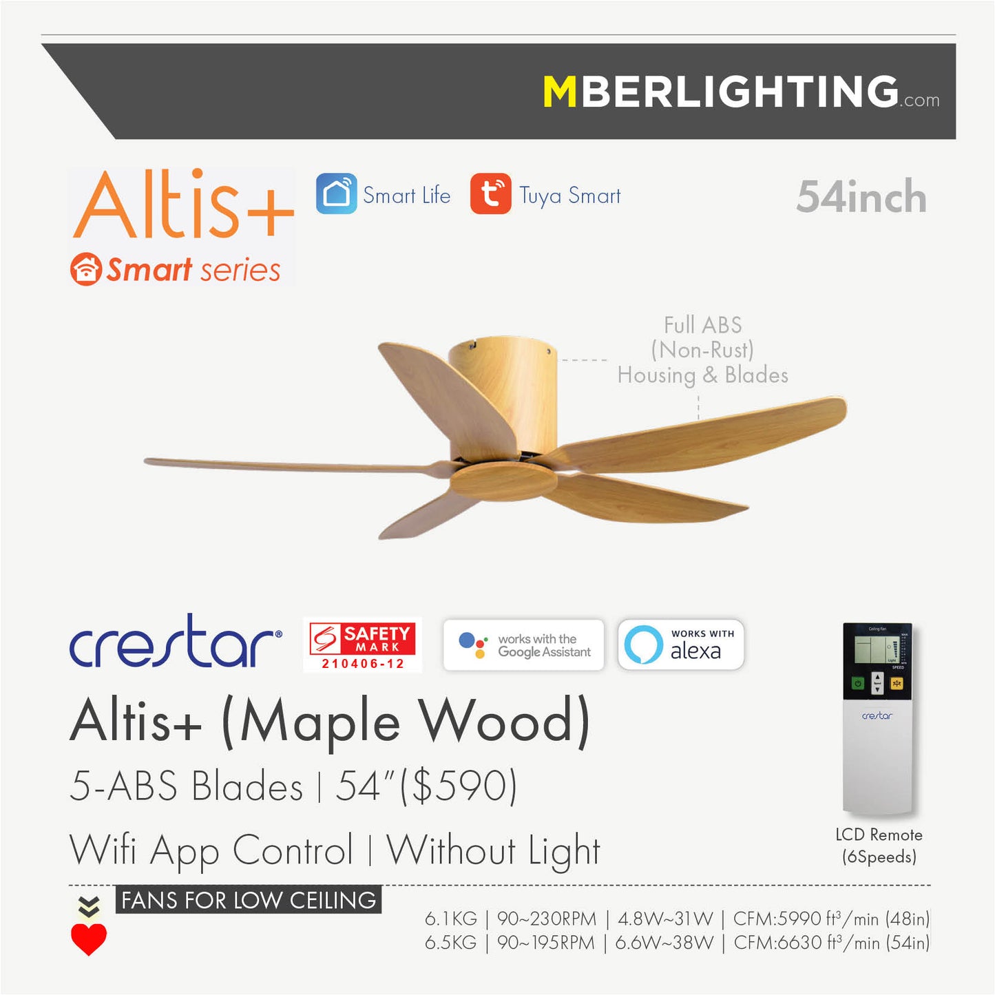 ALTIS+ 5-Blades Hugger Ceiling Fan MAPLE WOOD