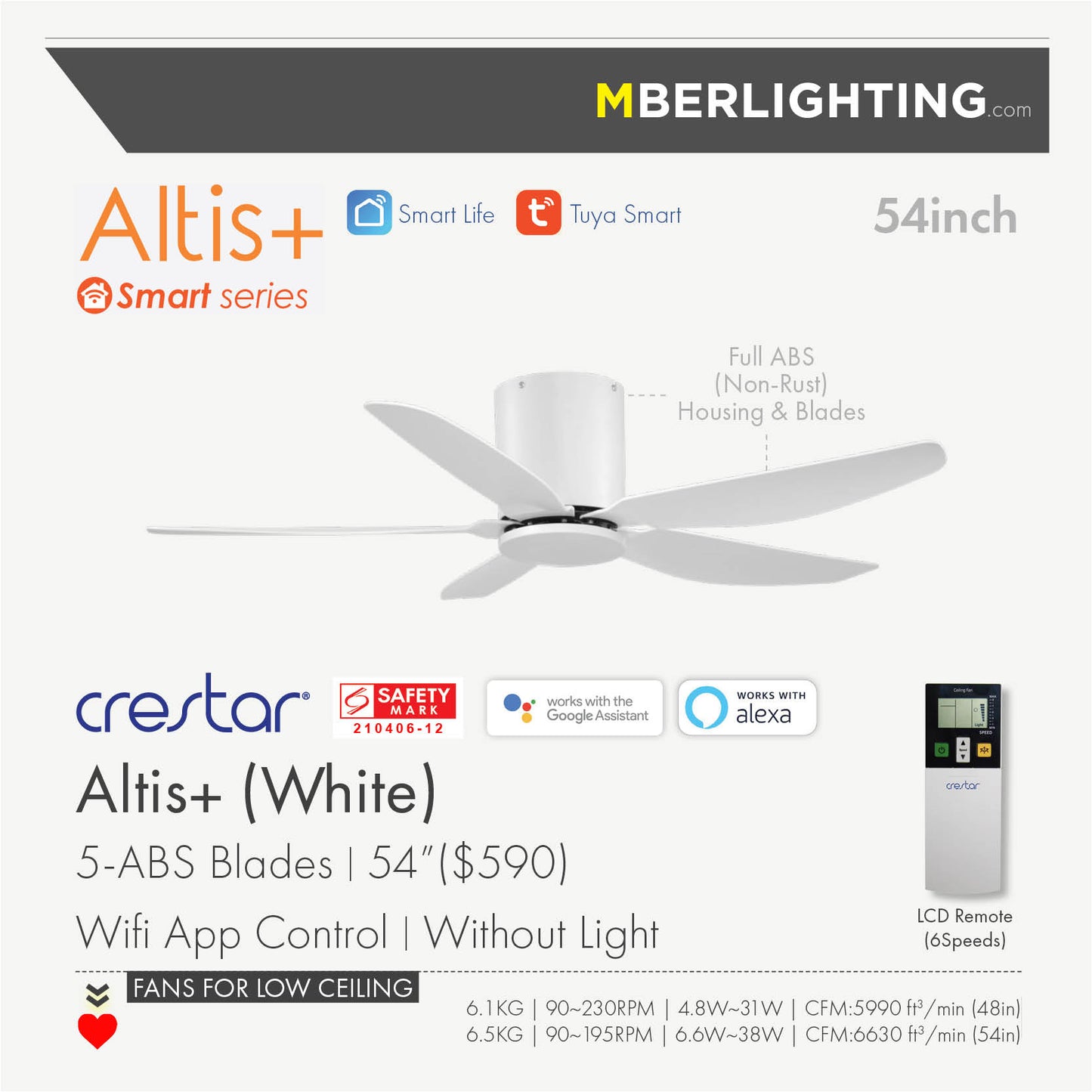ALTIS+ 5-Blades Hugger Ceiling Fan WHITE